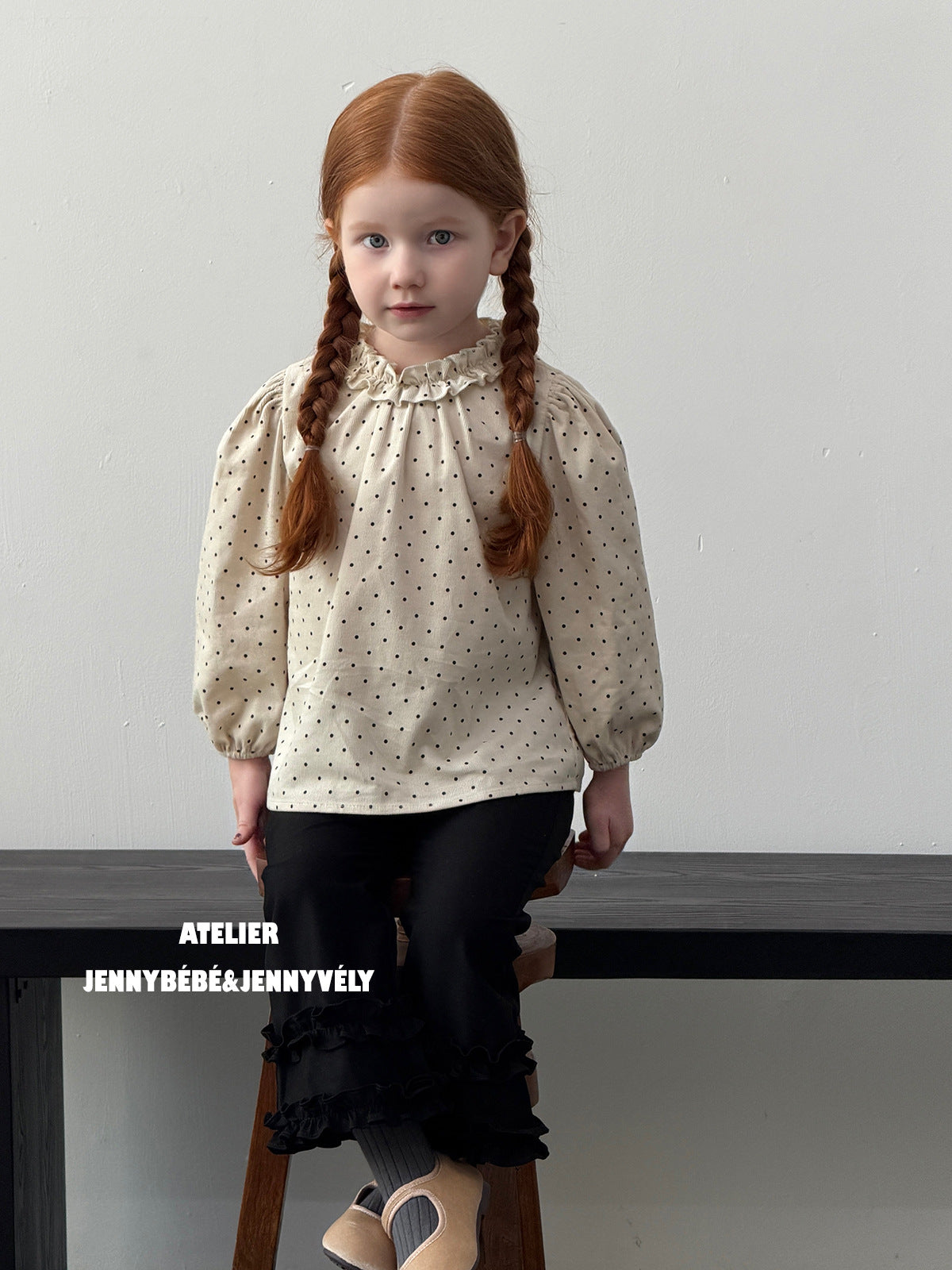 Blusa de manga larga con volantes y estampado de puntos para niñas + pantalón acampanado [mh0014657]