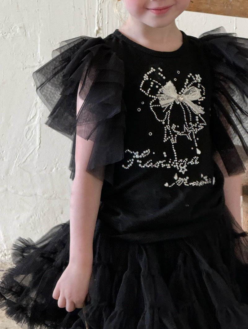 Tulle Ruffle Tiered Skirt Set Ribbon Short Sleeve T-Shirt Setup