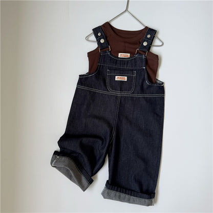 キッズ パッチ デニム ステッチ ロング サロペット【mh0013650】