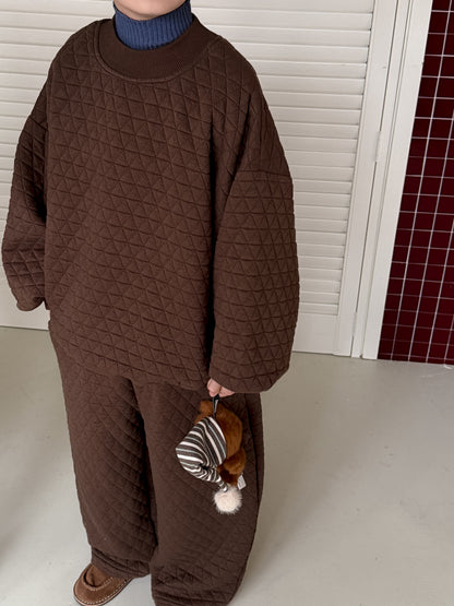 キルティングセットアップ キッズ 中綿 厚手 ダイヤ柄 ルーズフィット【mh0011681】