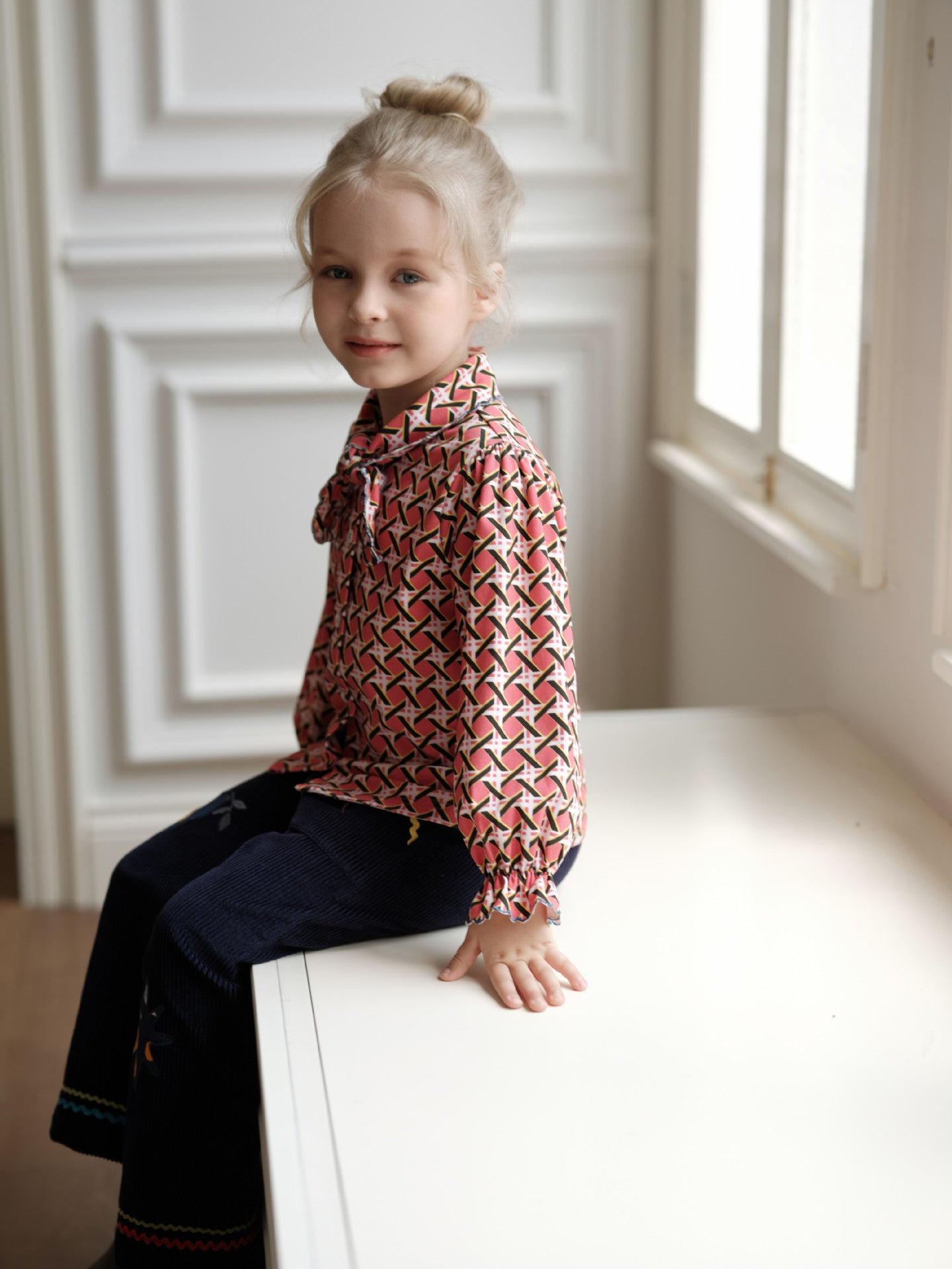 ブラウス 総柄 リボンタイ ラッフル袖 キッズ 女の子 トップス【mh0011566】