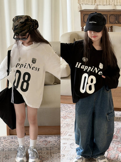 キッズ ジュニア 数字 英字 プリント ルーズ ビッグシルエット 長袖 Tシャツ【mh0014473】