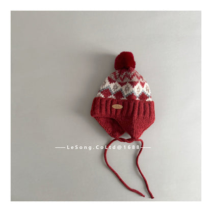 キッズ ニット帽 ノルディック柄 耳当て付き ボンボン 韓国風【mh0011593】