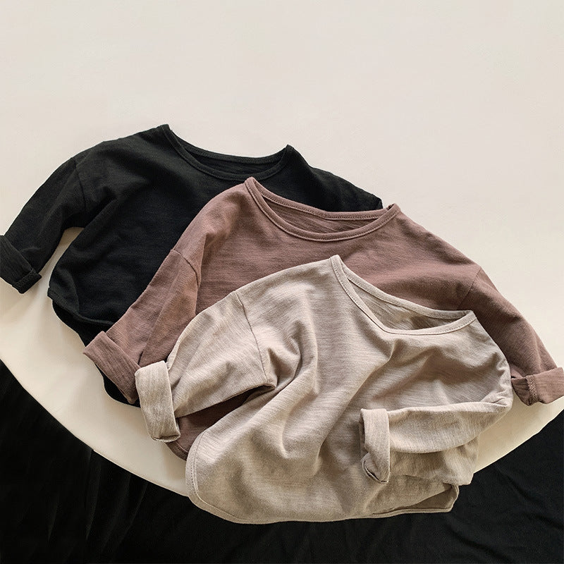 キッズ ルーズドロップショルダー長袖Tシャツ（黒・ベージュ・ブラウン）