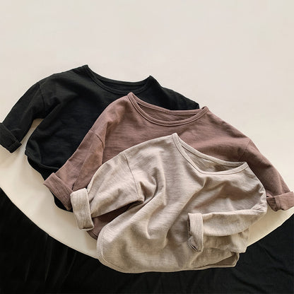 キッズ ルーズドロップショルダー長袖Tシャツ（黒・ベージュ・ブラウン）