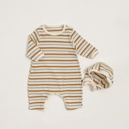 -カラフルボーダーロンパース ボンネット付き リブ編み コットンカバーオール 2点セット【mh0010891】 - mamahalo shop - 長袖ロンパース -  べビー服 - 子供服 - 男の子 - 女の子