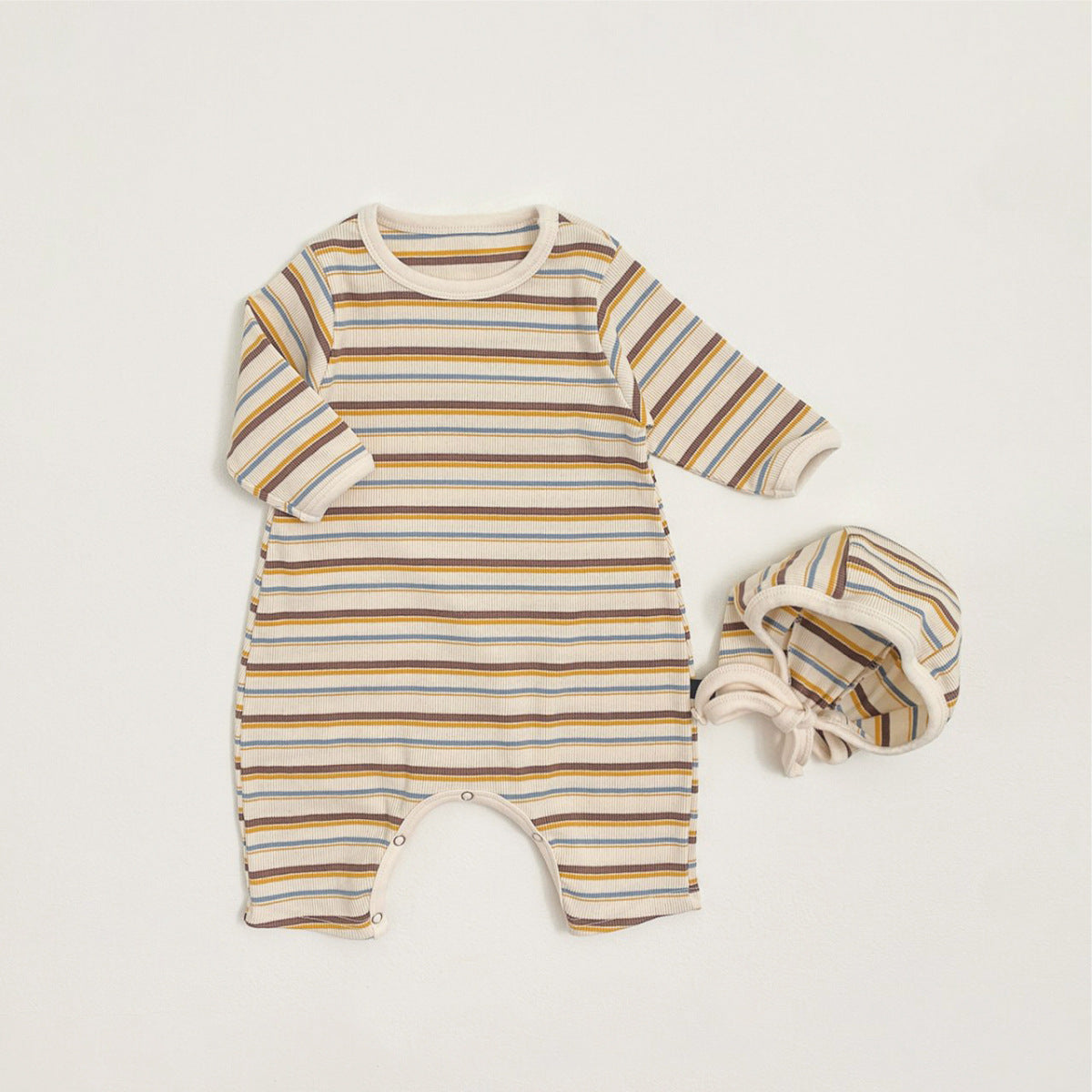 -カラフルボーダーロンパース ボンネット付き リブ編み コットンカバーオール 2点セット【mh0010891】 - mamahalo shop - 長袖ロンパース -  べビー服 - 子供服 - 男の子 - 女の子