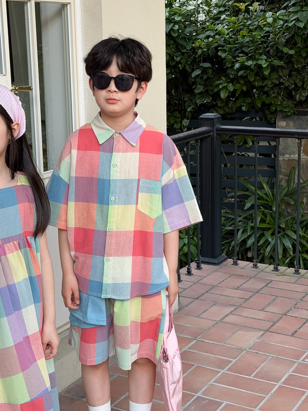 Gingham Multi Colored Dress Shirt Shorts Set ノースリーブワンピース 半袖シャツ パンツ【mh0013523】