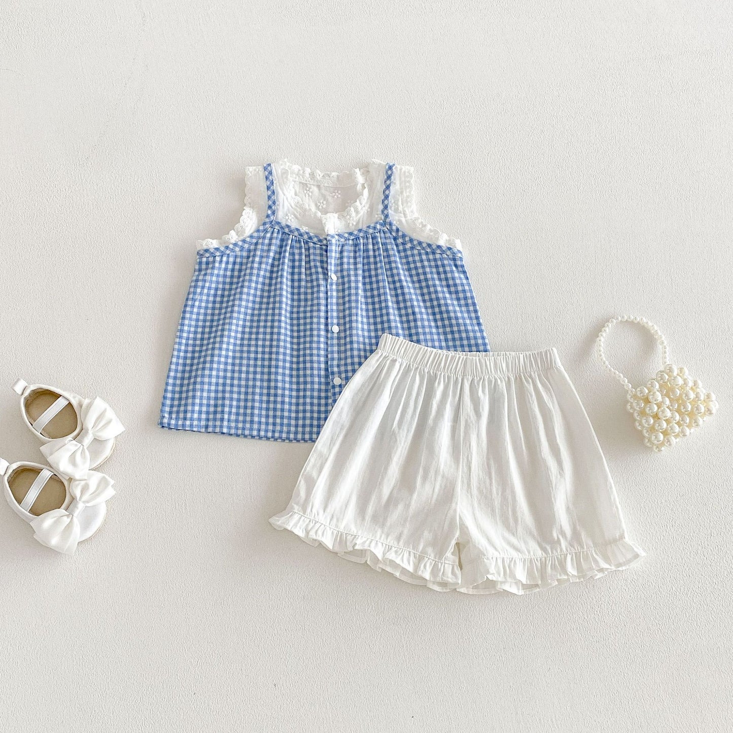 Spaghetti Strap Plaid Top Lace Shorts Set ラッフル ノースリーブチュニック ショートパンツ【mh0013421】