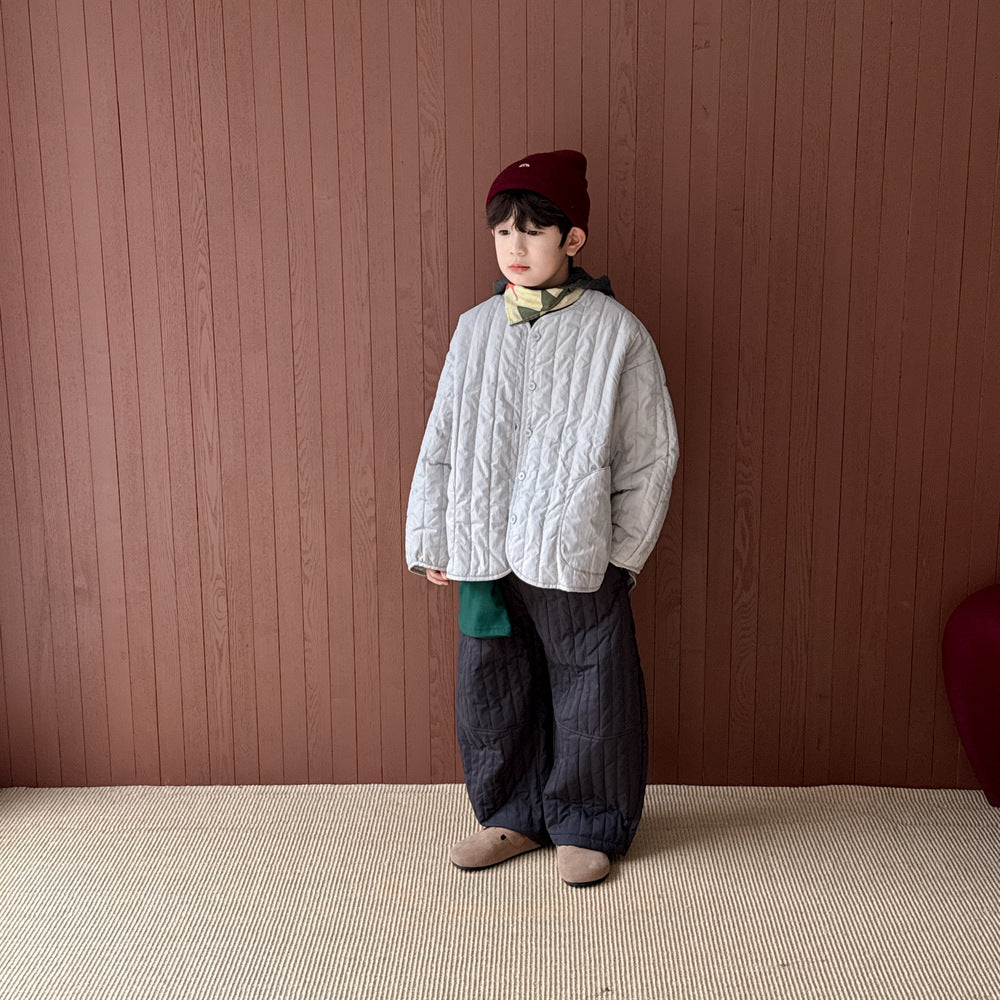 キルティングジャケット キッズ 中綿 厚手 ノーカラー ショート丈 カジュアル アウター【mh0011679】