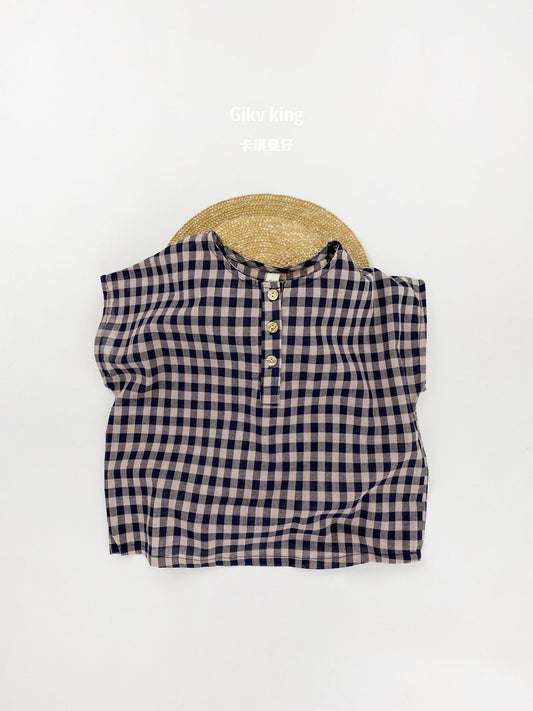 Henley Neckline Dropped Shoulder Shirt ギンガムチェック フレンチスリーブブラウス【mh0012831】