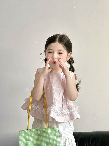 Lace Trim Bow Blouse リボン フリル ノースリーブブラウス【mh0013120】