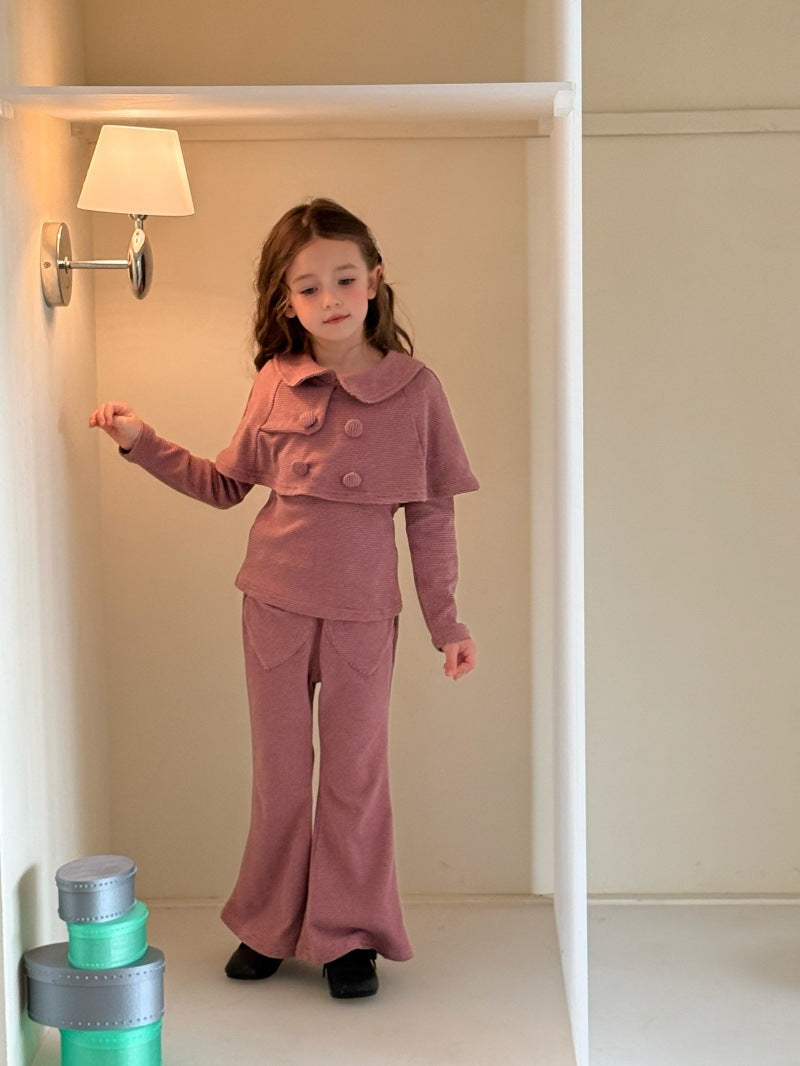CHENG. L 26 Autumn/Winter Korean Style Girls' Collared Shawl Long Sleeve T-Shirt Heart Stretch Flared Pants Set【mh0014101】