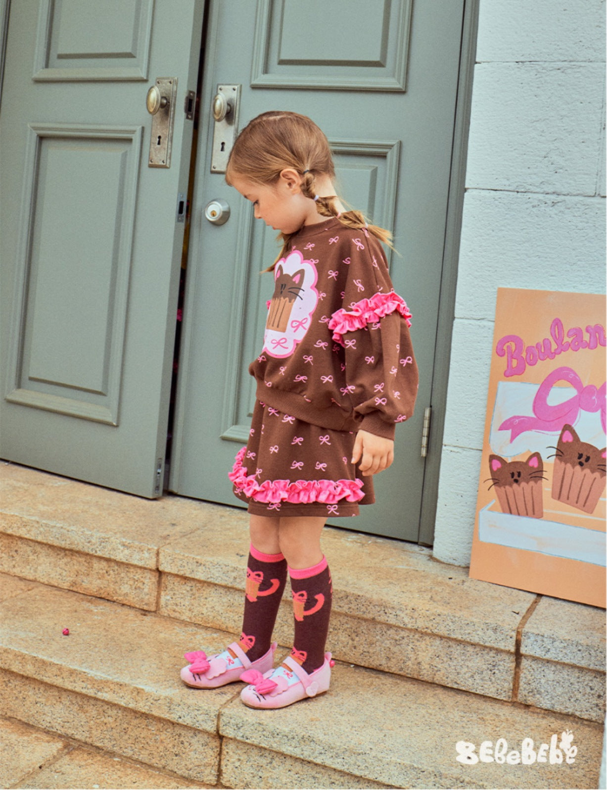 -ねこ柄ジップアップパーカー/フリルスウェットシャツ/フリルキュロットスカート/スカート付きパンツ【mh0010983】 - mamahalo shop - 長袖セットアップ -  べビー服 - 子供服 - 男の子 - 女の子