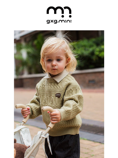 -長袖ニットセーター ケーブル編み リブ編み クルーネック プルオーバー【mh0011305】 - mamahalo shop - ニット・セーター -  べビー服 - 子供服 - 男の子 - 女の子