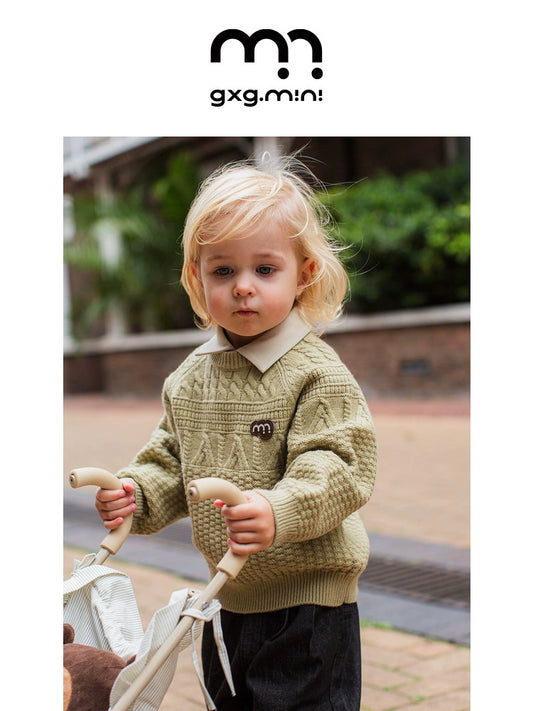 -長袖ニットセーター ケーブル編み リブ編み クルーネック プルオーバー【mh0011305】 - mamahalo shop - ニット・セーター -  べビー服 - 子供服 - 男の子 - 女の子