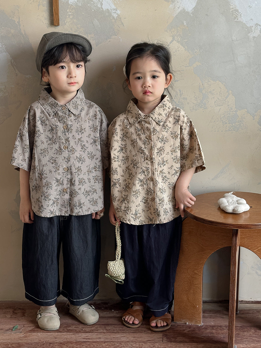 Floral Drop Shoulder Cotton Shirt フラワー 半袖シャツ【mh0013470】