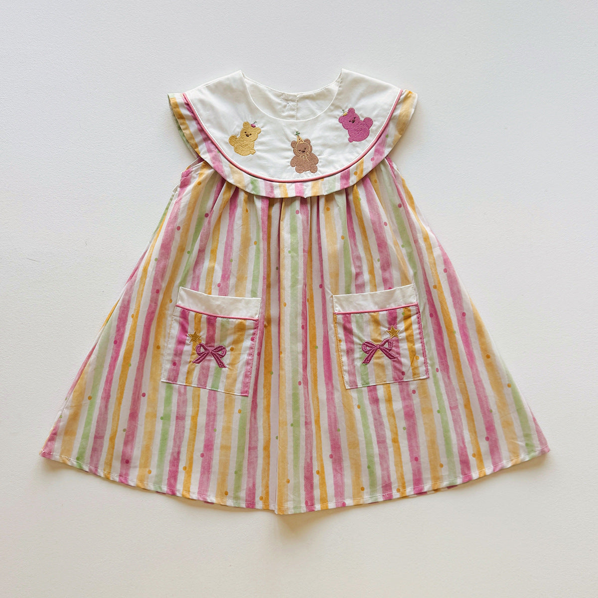 Embroidered Bear Stripe Dress ストライプ ノースリーブワンピース【mh0013652】