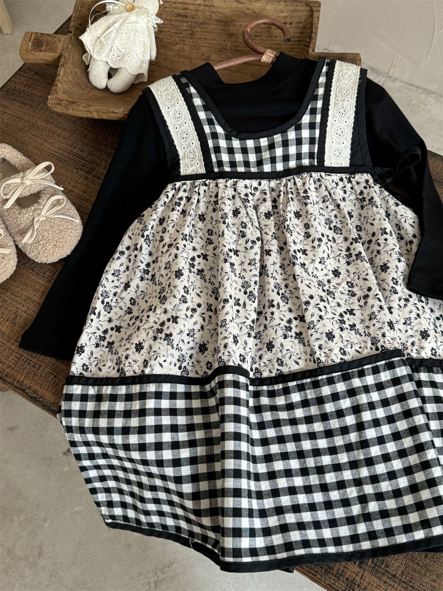 -チェック柄小花プリントノースリーブワンピース レイヤードワンピース【mh0010991】 - mamahalo shop - 長袖セットアップ -  べビー服 - 子供服 - 男の子 - 女の子