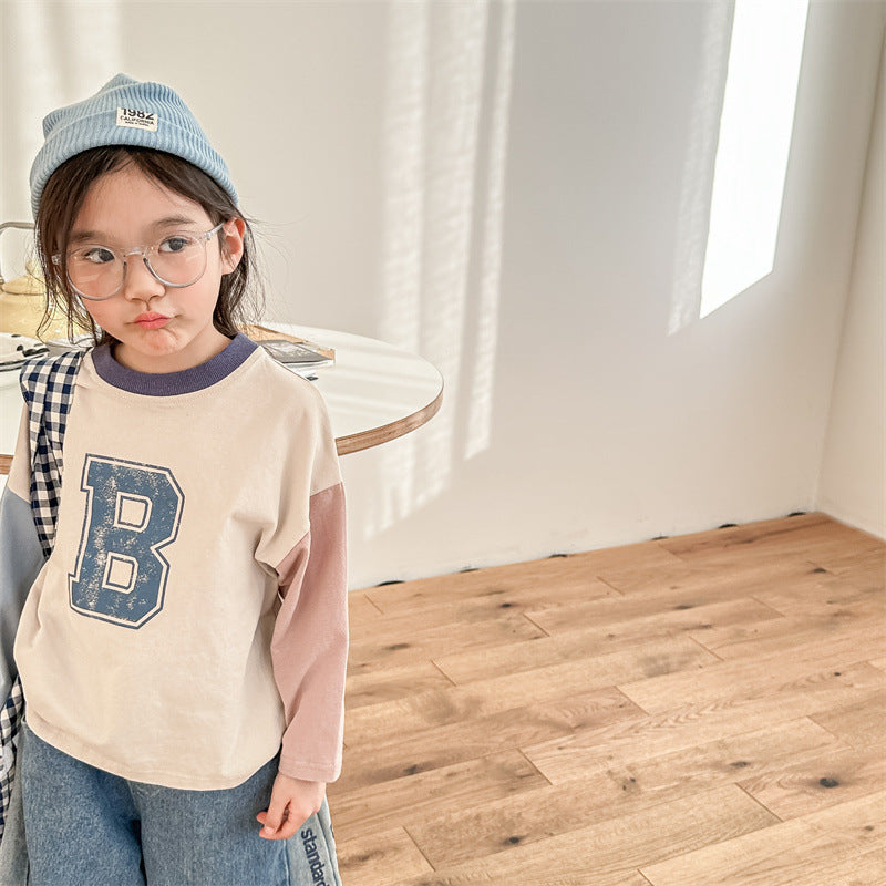 Kids Tops Long Sleeve T-Shirt Patchwork Letter Logo Print 2 Colors