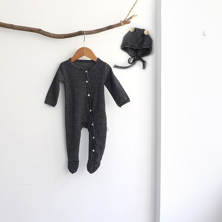 -ベビー ボーダー 足つき ロンパース ぽんぽん帽子 セット【mh0000050】 - mamahalo shop - 長袖ロンパース -  べビー服 - 子供服 - 男の子 - 女の子