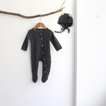 -ベビー ボーダー 足つき ロンパース ぽんぽん帽子 セット【mh0000050】 - mamahalo shop - 長袖ロンパース -  べビー服 - 子供服 - 男の子 - 女の子