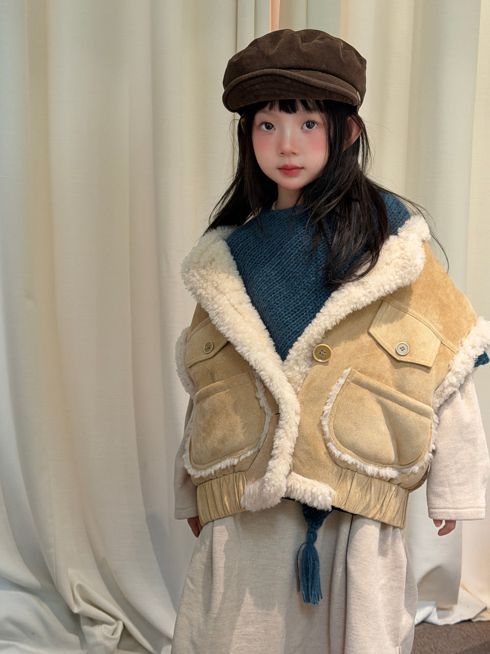 Chaleco exterior de ante sintético con forro polar para niños y jóvenes【mh0014689】
