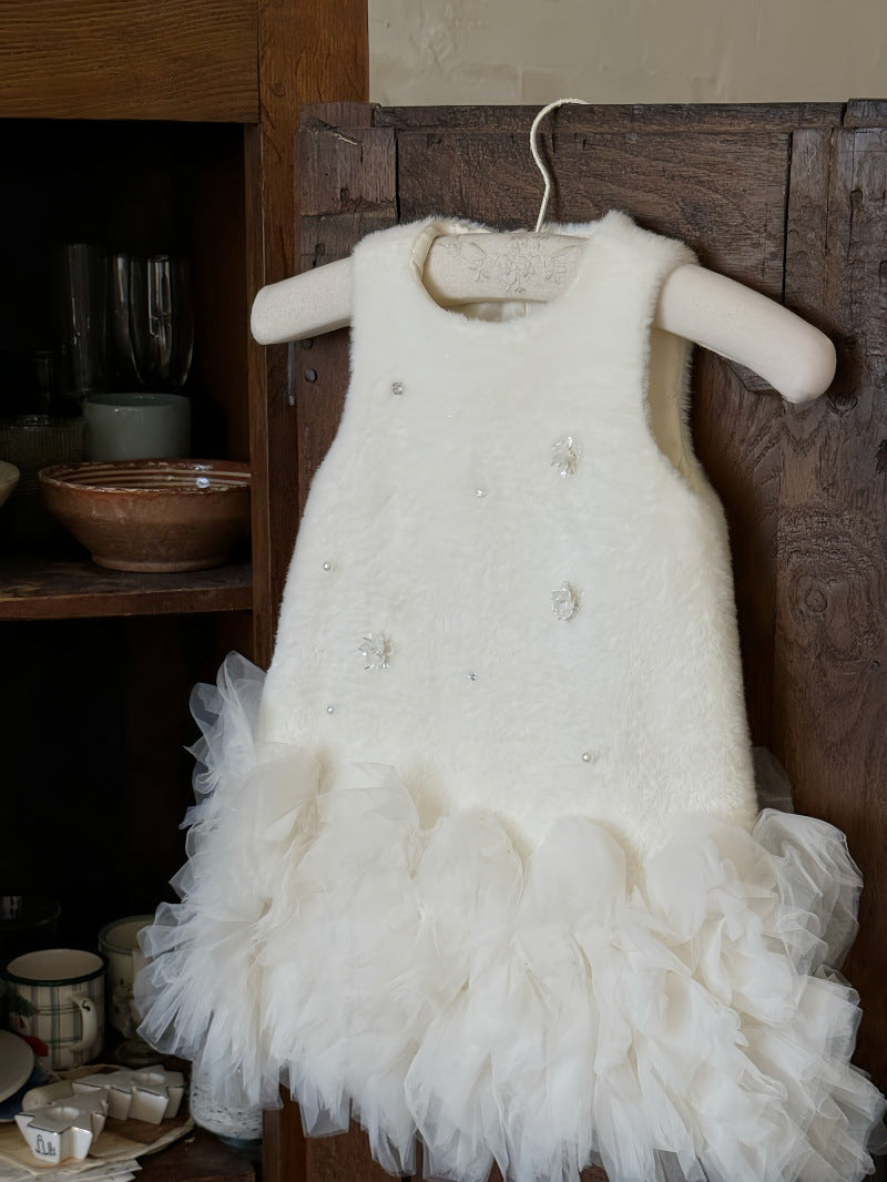 ノースリーブワンピース フリース ボリュームチュールスカート ビーズ刺繍【mh0011887】