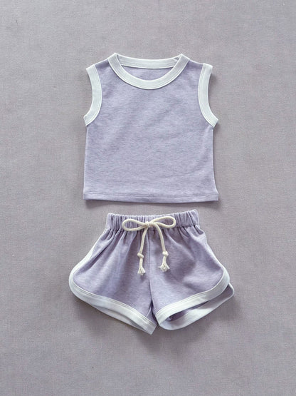 Sleeveless Edged T-shirt Shorts Set - Piping Sleeveless Top & Shorts Set [mh0013281]