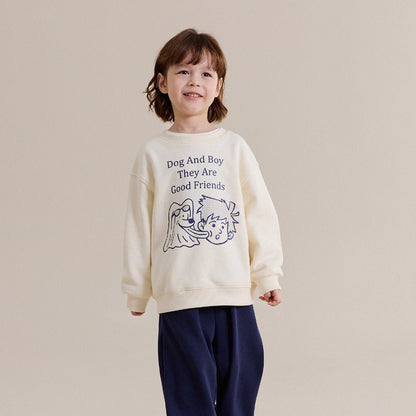 キッズ用クルーネックスウェット、生成り色のフロントイラストプリント