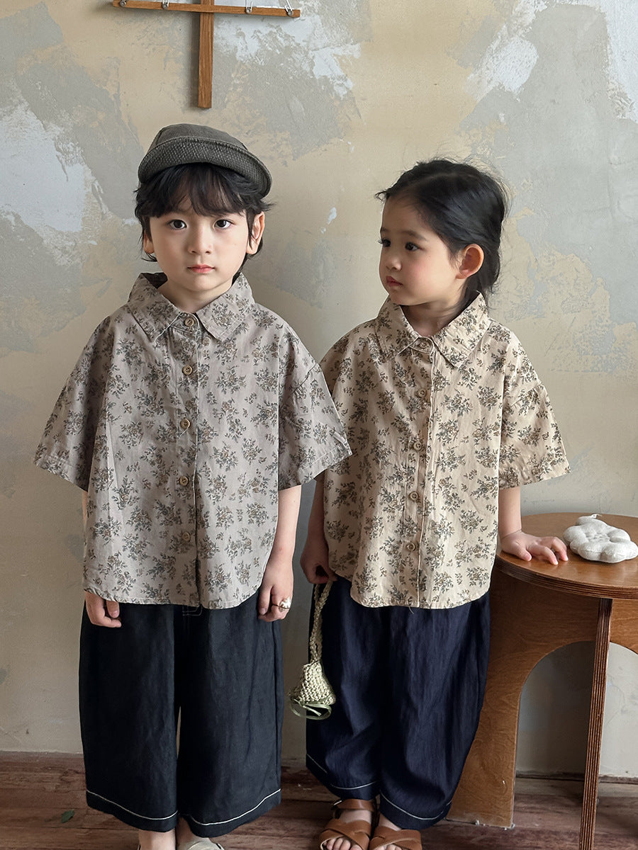Floral Drop Shoulder Cotton Shirt フラワー 半袖シャツ【mh0013470】