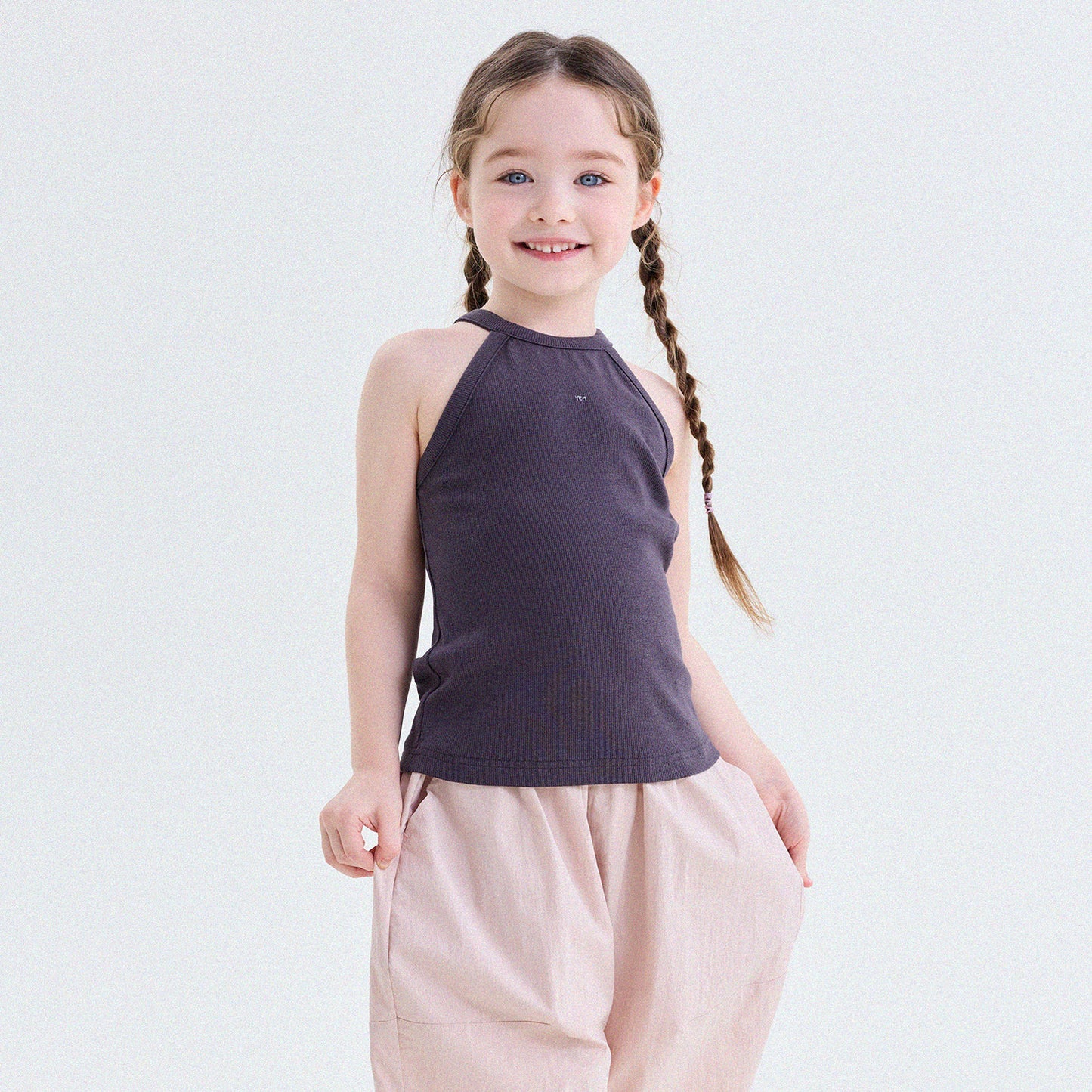 Tank top de canalé liso con cuello halter para niños【mh0013762】