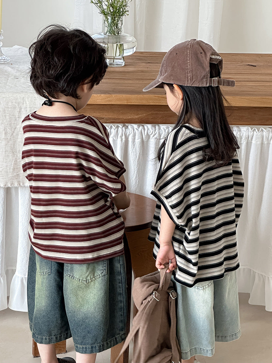 Striped Casual Loose Cotton Tops ボーダー 半袖Tシャツ【mh0013463】