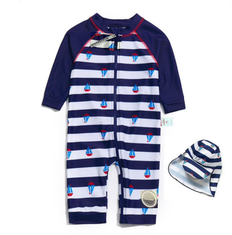 One-Piece Surf Wear With Matching Cap プリント 長袖水着 帽子セット【mh0013315】