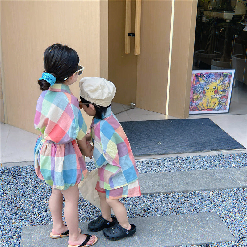 Kids' Checkered Short-Sleeved Shirt, Shorts, and Balloon Pants Set [mh0001742]