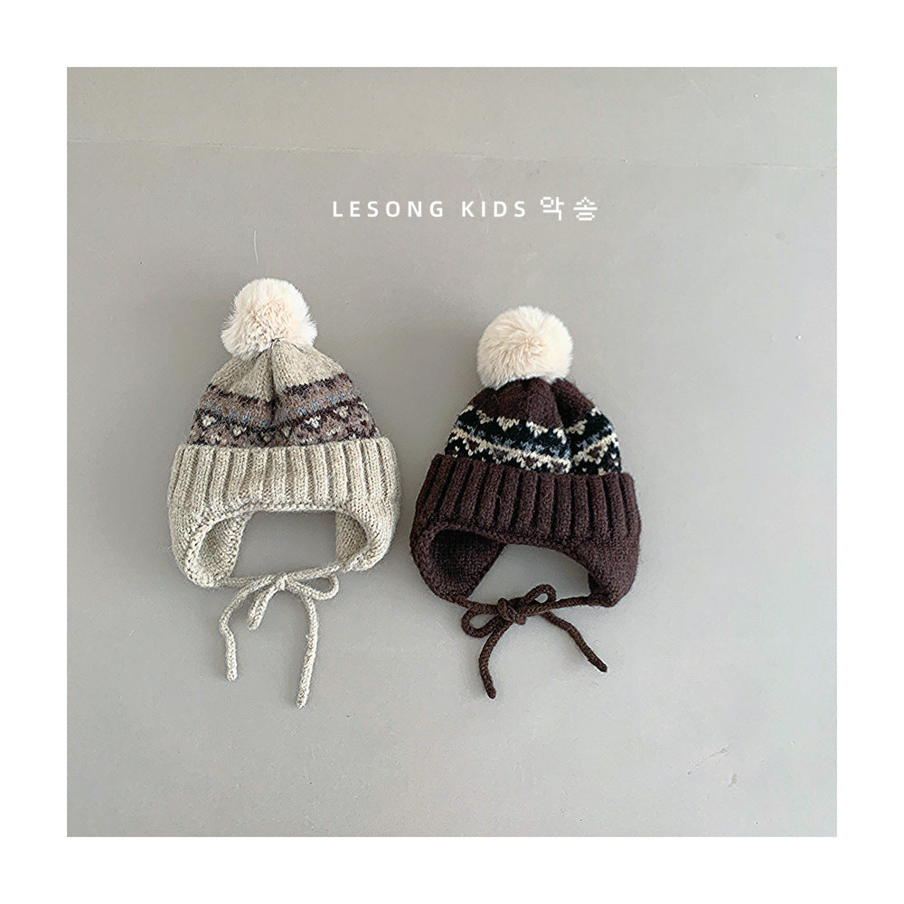 キッズ帽子 ニット トライバル ぽんぽん 耳当て付き ニットキャップ【mh0011839】