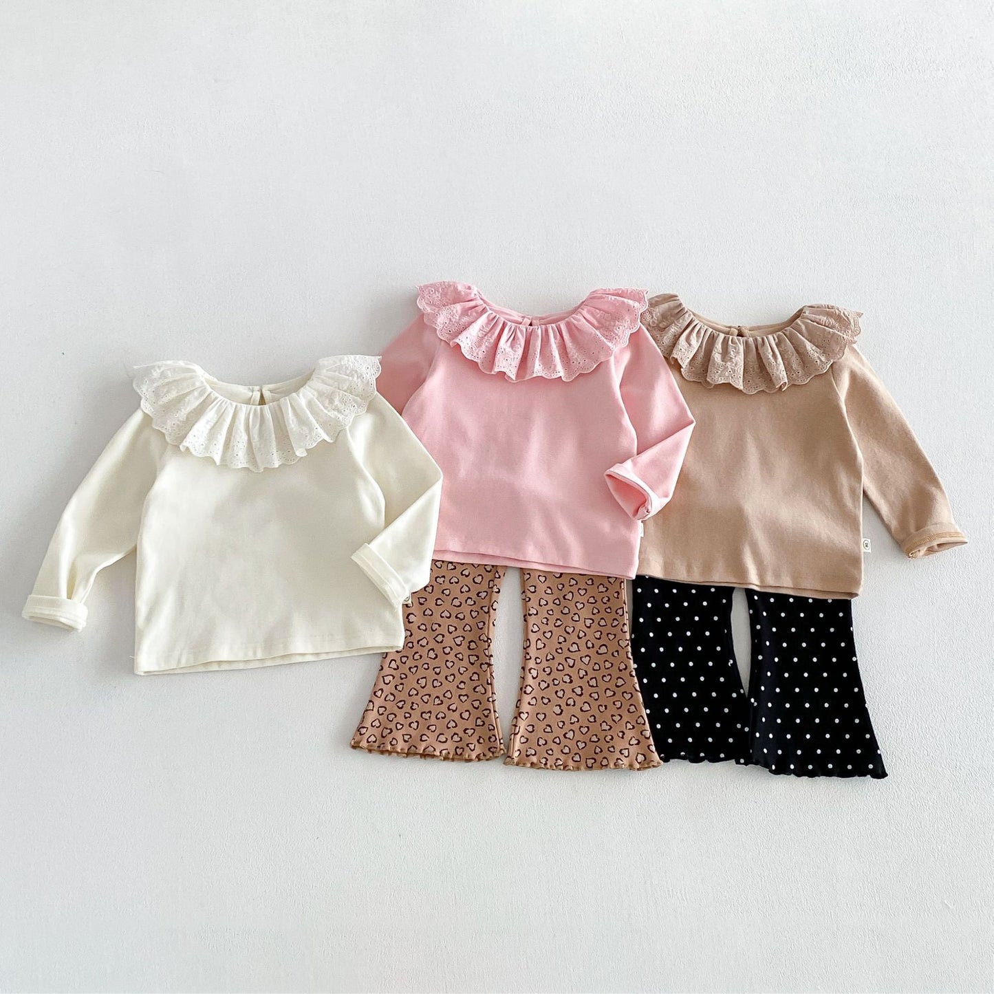 Camiseta de manga larga con cuello y dobladillo de volantes para niñas y pantalón acampanado【mh0014029】