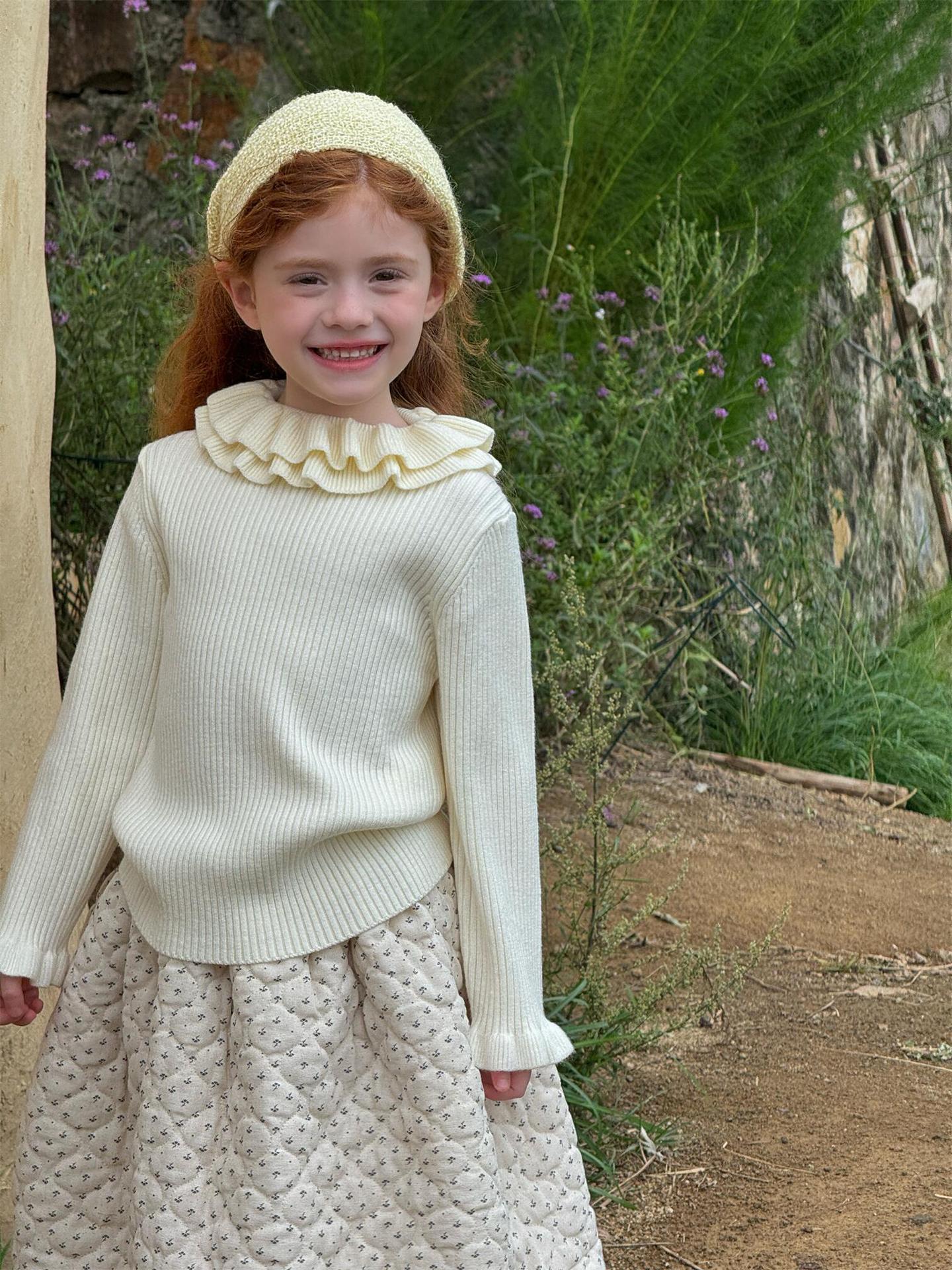 長袖カットソー ダブルラッフルカラー ニットTシャツセーター【mh0011756】