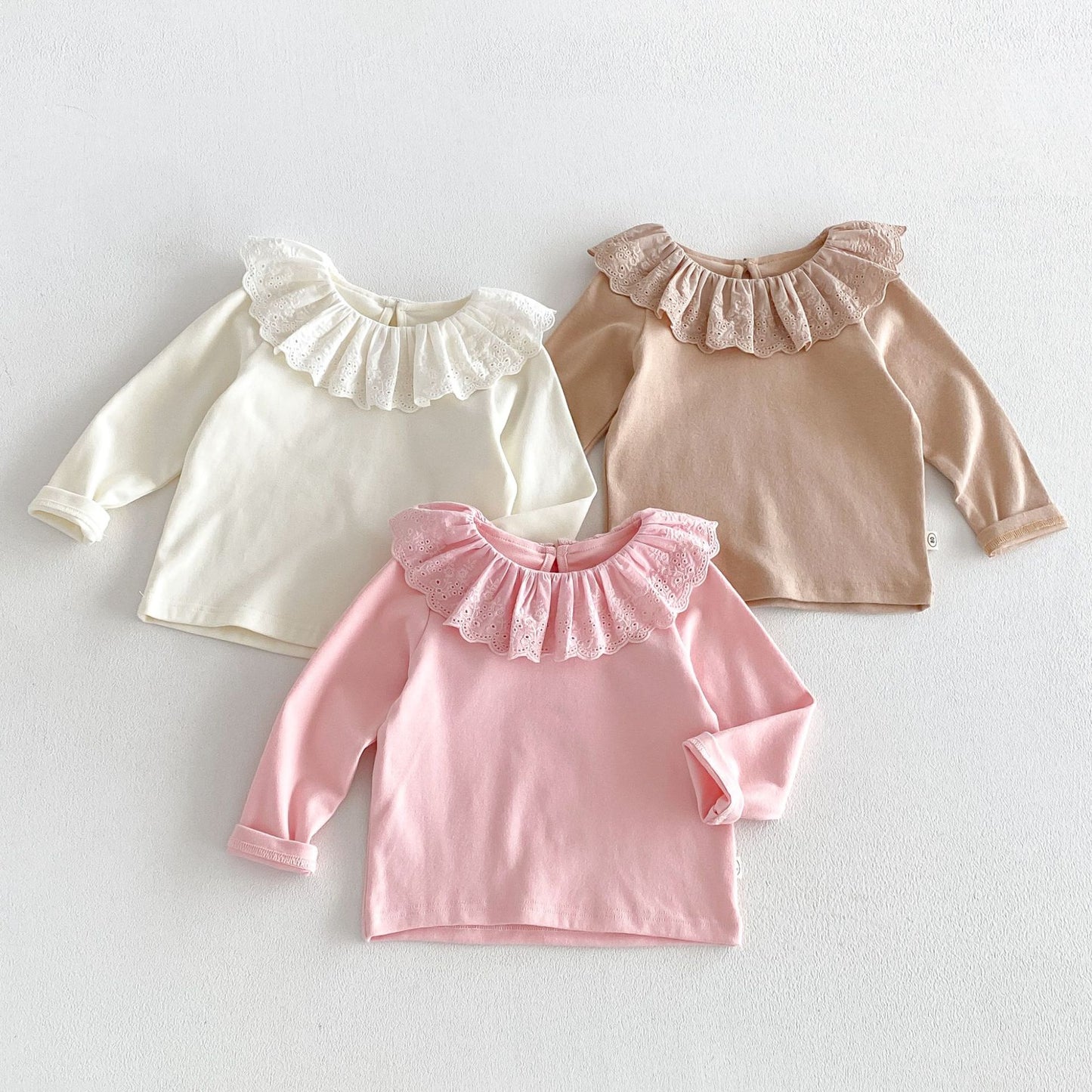 Camiseta de manga larga con cuello y dobladillo de volantes para niñas y pantalón acampanado【mh0014029】