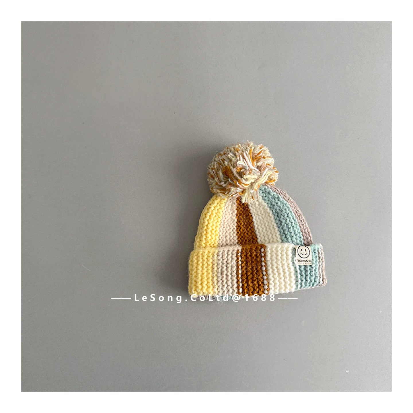 キッズ帽子 カラフルストライプ ニットキャップ ぽんぽん ビーニー【mh0011847】