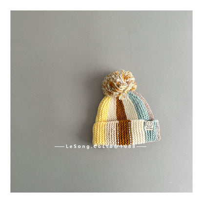 キッズ帽子 カラフルストライプ ニットキャップ ぽんぽん ビーニー【mh0011847】