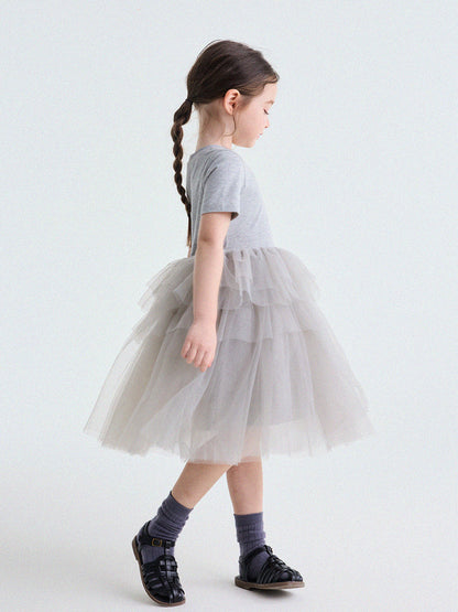 Short Sleeve Tiered Tulle Dress ドッキング 半袖ワンピース【mh0013183】