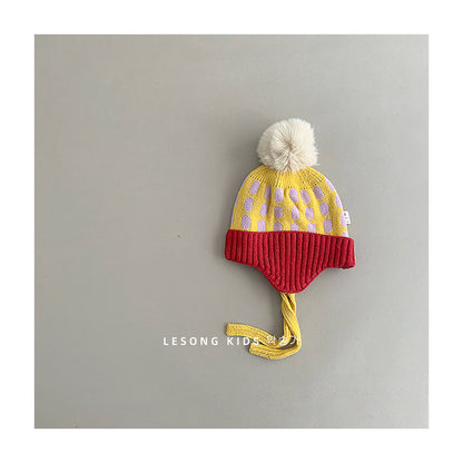 キッズ帽子 ニットキャップ 耳あてぽんぽん付き カラフル 防寒【mh0011794】