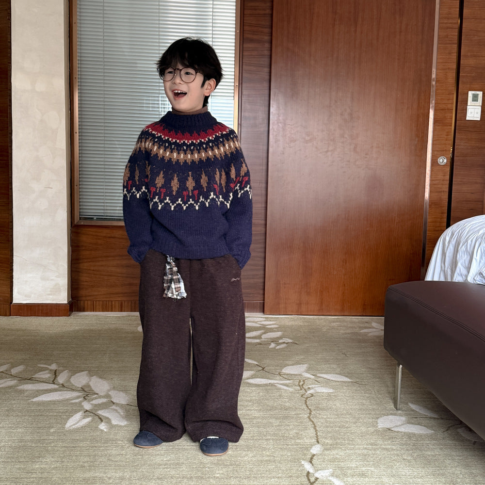 ニットセーター キッズ 求心柄 厚手 クルーネック ルーズフィット カジュアル【mh0011684】