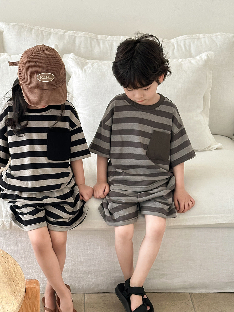 Striped Wide Pocket Short Sleeve Shorts Set ボーダー 半袖Tシャツ ハーフパンツ セット【mh0013467】