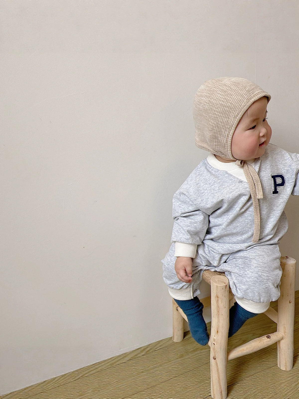 Baby One-Point Initial Color-Blocked Piping Long-Sleeve Romper【mh0014635】