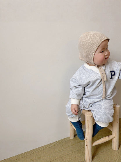 Baby One-Point Initial Color-Blocked Piping Long-Sleeve Romper【mh0014635】