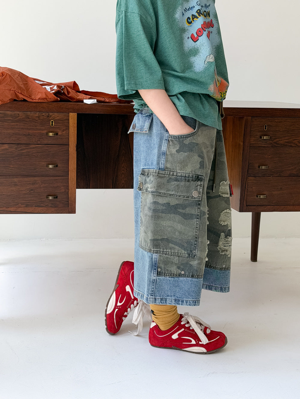 Camouflage Patchwork Denim Cargo Pants カモフラージュ ハーフパンツ【mh0013536】