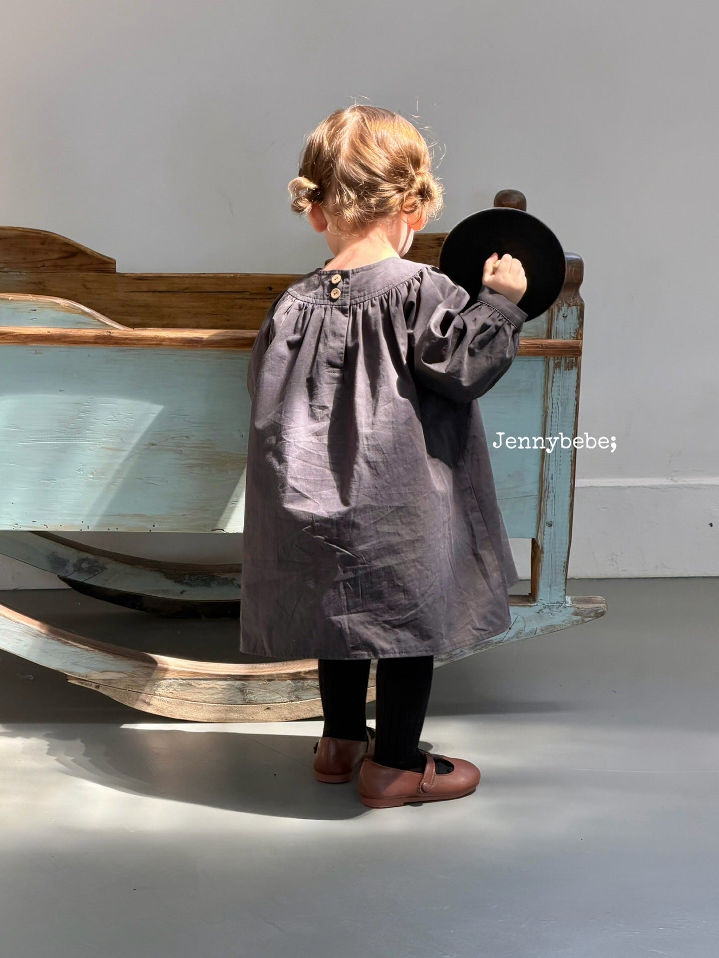 Kids' Plain Long-Sleeved Back-Button Gathered-Waist Flared Dress