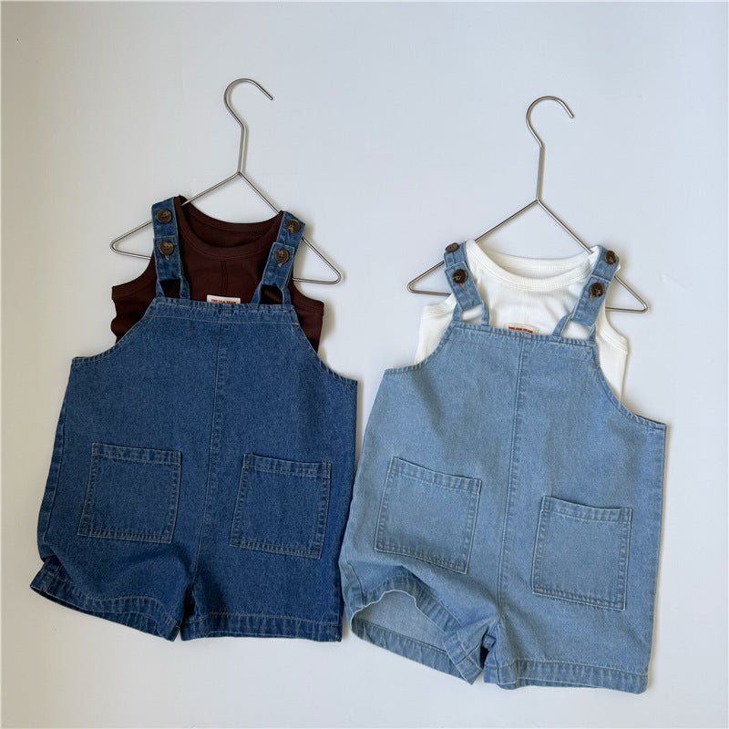 Denim Button Suspender Shorts デニム サロペットショートパンツ【mh0013646】